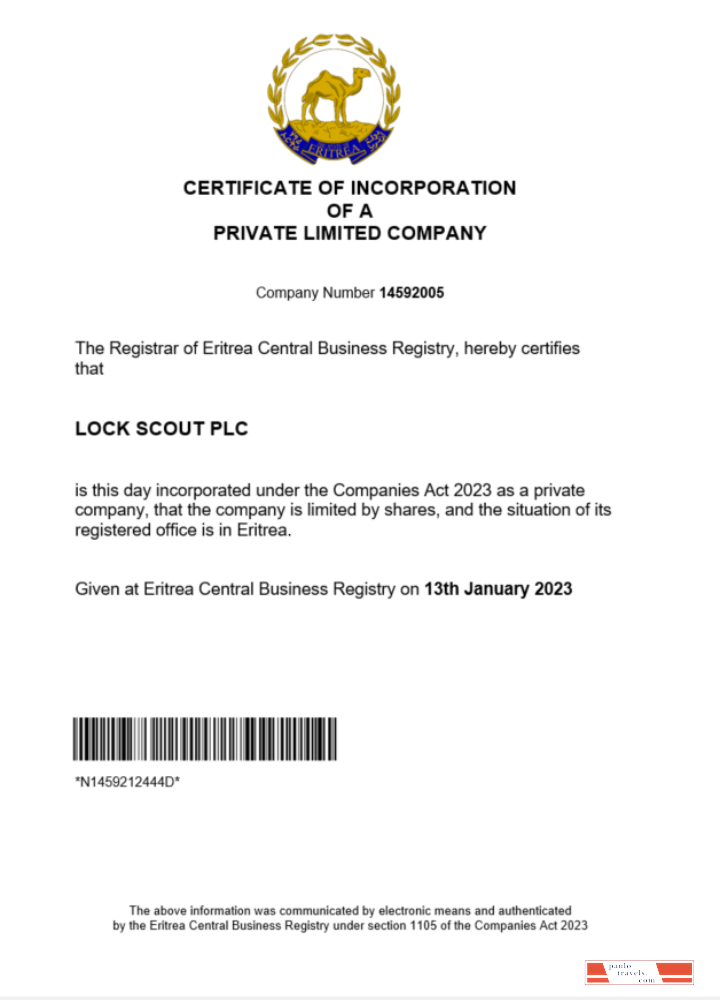 Eritrea certificate of registration Word and PDF template